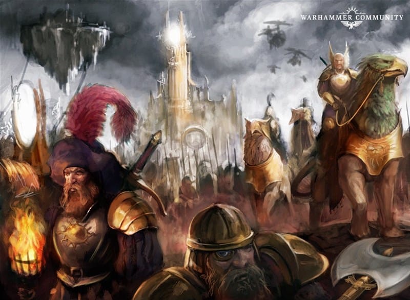 A fantasy scene unfolds with armored warriors bearing beards and helmets, brandishing relics and weapons alongside a flickering torch. Set against a majestic castle under ominous skies, one warrior performs ancient rituals while riding a large, bird-like creature amidst smoke and clouds.