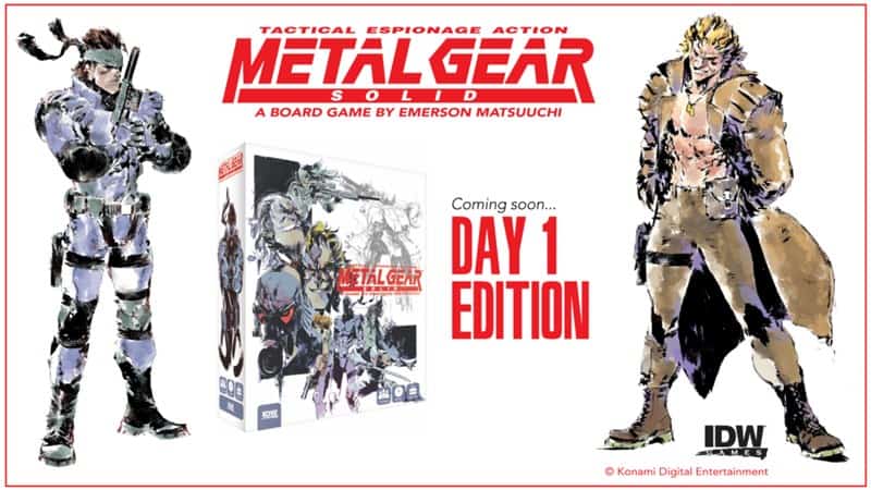 Promotional image for the Metal Gear Solid board game by Emerson Matsuuchi. Features illustrated characters and a box for the game, with text "Coming soon… DAY 1 EDITION." Don't miss the exclusive Pre-Order Deal! Includes logos for IDW and Konami Digital Entertainment.