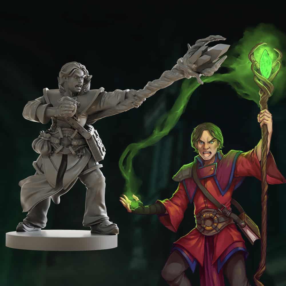 A detailed miniature from Dungeon Saga Origins depicts a wizard casting a spell on its base. Beside it, an illustration captures the same wizard, hand outstretched and glowing green staff in hand, bathed in mystical energy—a testament to Mantic Games' dungeon crawler storytelling prowess.