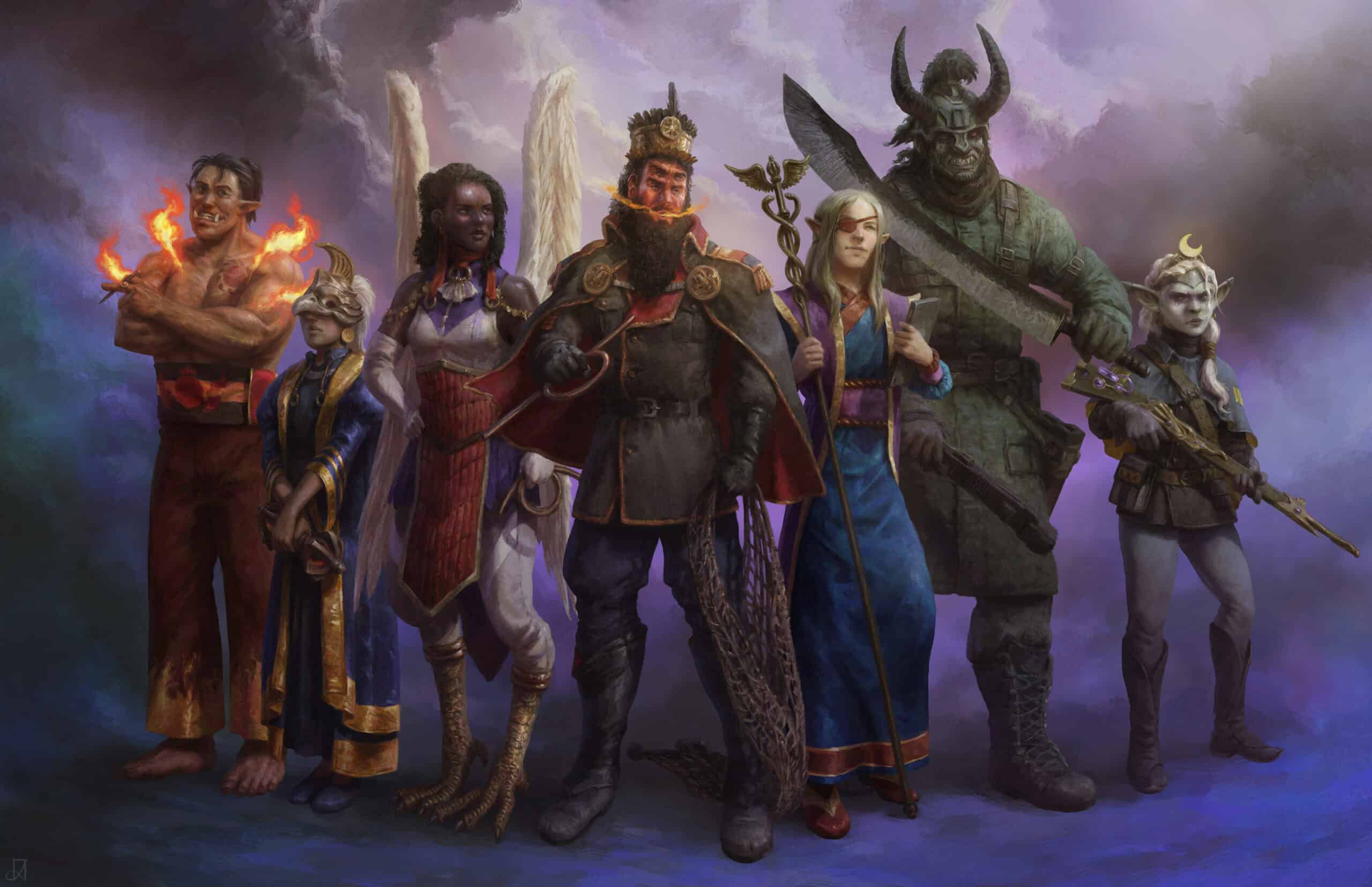 A diverse community of six fantasy characters stands confidently in a misty setting. They include a fiery man, a young boy, a woman with wings, a bearded warrior, an elf with a staff, and a horned warrior wielding an oversized sword. Each is uniquely dressed as if ready for an epic RPG adventure.