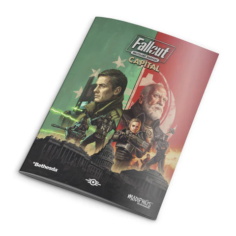 The cover of "Fallout: Capital" by Modiphius is a striking homage to Fallout: Wasteland Warfare. It features illustrated characters against a green and red backdrop, divided by a star design, and includes an image of the Capitol building. Logos for Bethesda and Modiphius are also prominently displayed.
