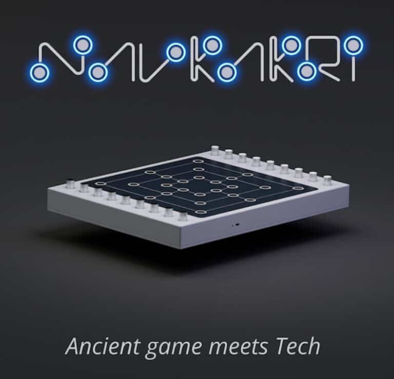 A digital game board with circular pegs on a black surface. The text "NAVKAKRI" glows at the top, while "Ancient game meets Tech" is at the bottom. This modern take on Nine Men's Morris features a grid of interconnected lines, blending tradition with innovation.
