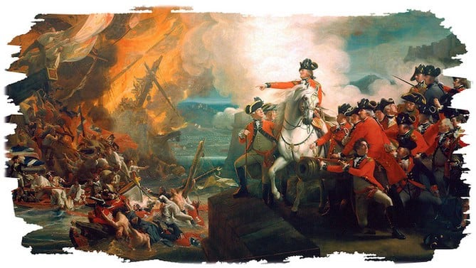 A dramatic historical painting, reminiscent of a Nations & Cannons campaign, depicts a fiery battle scene with soldiers in red uniforms, some on horseback directing troops. Chaos ensues in the background as people navigate boats amidst large flames and smoke, capturing a vivid American Crisis moment.
