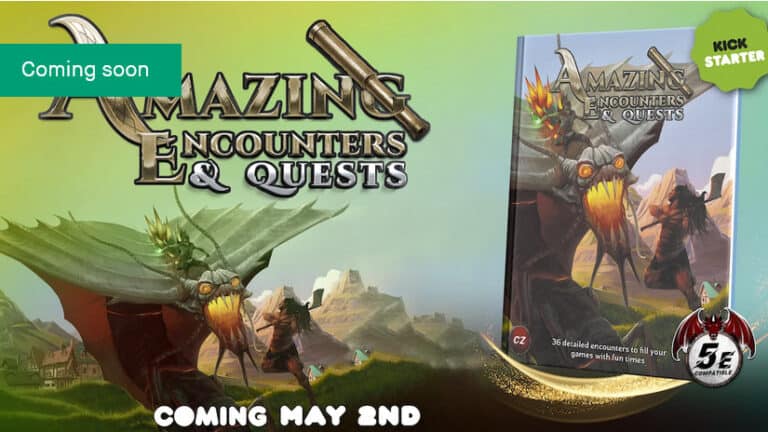 Promotional image for the tabletop RPG "Amazing Encounters & Quests." Featuring a dragon and adventurers, the 5E Book boxed set proudly displays "Coming Soon" and "Kickstarter" labels. Dive into epic encounters on May 2nd!