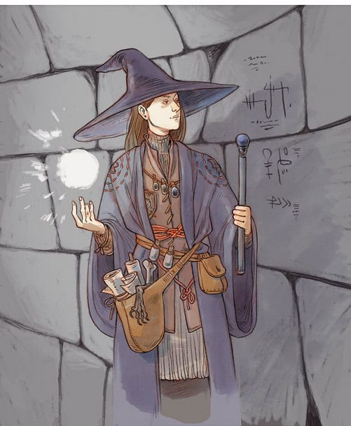 A wizard with a wide-brimmed hat and long robe stands against a stone wall, ready to embark on a co-op dungeon adventure. They hold a glowing orb in one hand and a staff in the other. Scrolls and pouches hang from their belt, while arcane symbols from Void Knight Games' Kickstarter adorn the wall behind them.