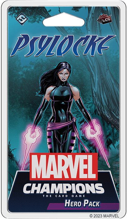 The "Psylocke" Hero Pack from Fantasy Flight Games' Marvel Champions: The Card Game showcases Psylocke wielding glowing swords in a flurry of blades against a blue and purple backdrop, inviting you to expand your arsenal with her dynamic prowess.