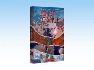 Fantasy World" by Alessandro Piroddi and Luca Maiorani is a vibrant RPG adventure, boasting a colorful cover filled with whimsical landscapes and mystical creatures set against a blue gradient background, inviting readers to explore its enchanting realms.