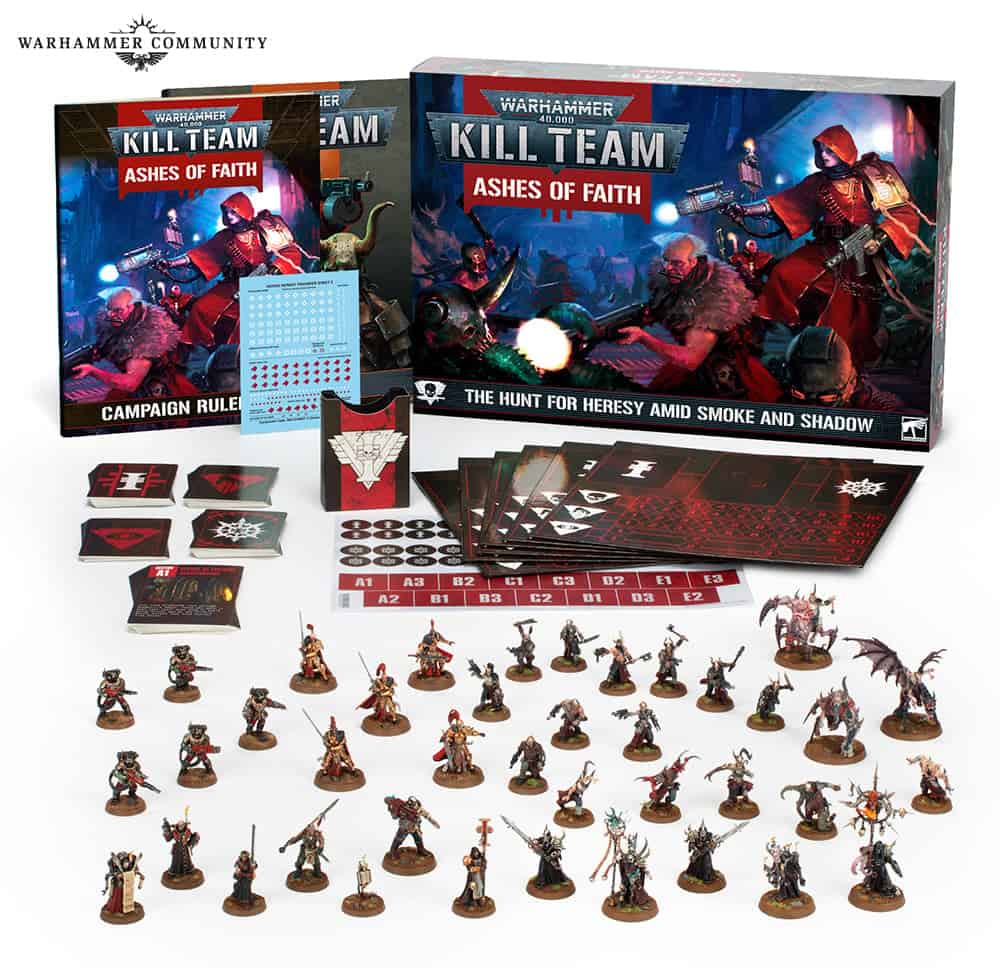 This box set of "Warhammer 40,000: Kill Team - Ashes of Faith" by Games Workshop features intricately detailed miniatures, game cards, tokens, rule books, and campaign materials. The dark artwork captures a battle-ready atmosphere as your team rises from the ashes of faith.