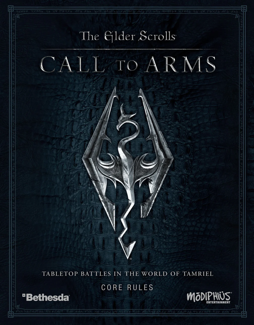 Cover art for "The Elder Scrolls: Call to Arms" board game showcases a stylized silver dragon emblem on a textured dark background. The text reads "Tabletop Battles in the World of Tamriel, Core Rules." Updated rulebook logos for Bethesda and Modiphius are displayed.