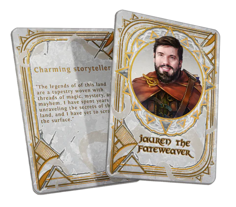 A fantasy-themed card showcases "Lauren the Fateweaver," a man in medieval attire, known as a "Charming storyteller" and renowned Spellhoarder. Set against a mystical background, he invites players into the adventure as an intriguing NPC in this enchanting world.