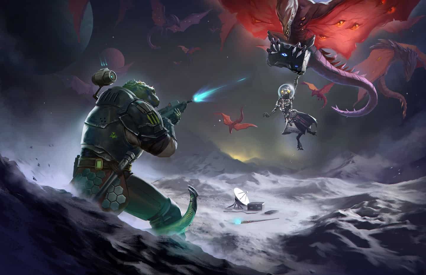 In a dazzling display under the starry sky, a Starfinder soldier with a reptilian appearance confronts a dragon on the lunar surface. They fire their weapon while rescuing an astronaut from the beast's grasp, as young dragonlings from distant worlds soar overhead.