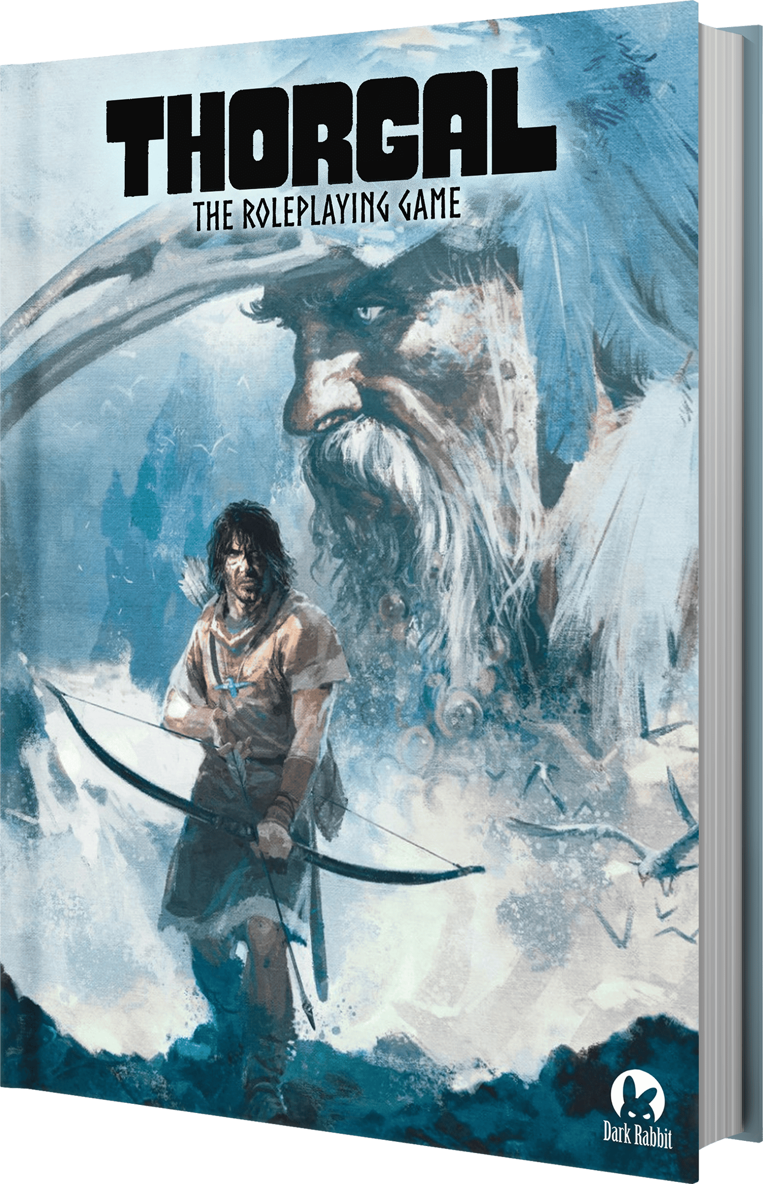 The cover of "Thorgal: The Roleplaying Game" showcases a warrior with a bow in the foreground, set against the backdrop of an imposing bearded figure, capturing the essence of the Thorgal Universe. Dominated by blue and white hues, it features the Dark Rabbit logo in the bottom right corner.