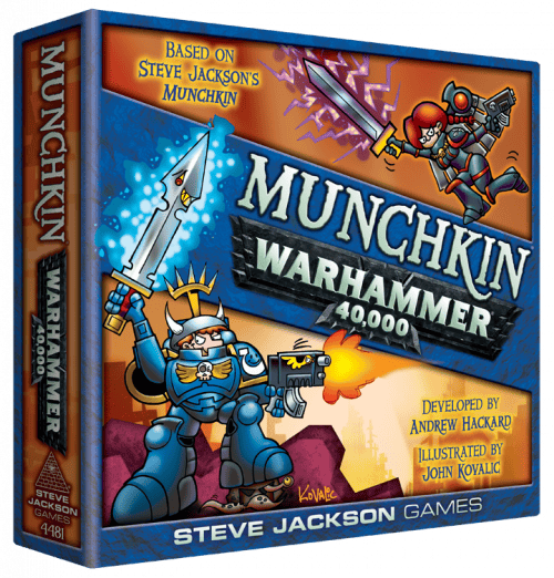 The box cover of "Munchkin Warhammer 40,000" by Steve Jackson Games showcases cartoon-style characters in futuristic armor, wielding weapons. It includes text about developers and illustrators, merging classic favorites with exciting new releases in a vibrant design.