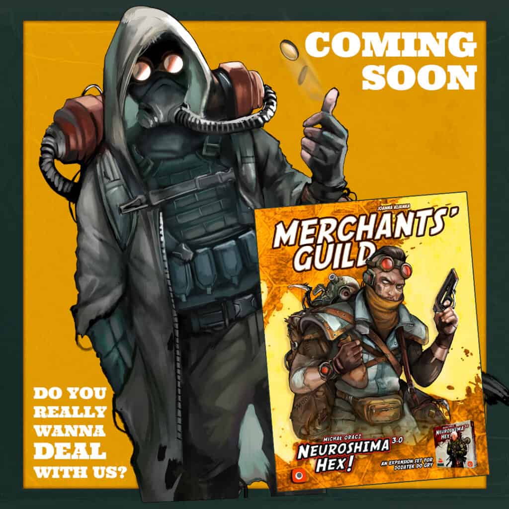 A figure in a gas mask and hood stands with a comic book showcasing two characters, one with goggles and a gun, on the cover. Text reads "Coming Soon" and "Do you really wanna deal with us?" Echoes of Neuroshima Hex reverberate through this vivid scene.