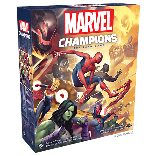 The box art of "Marvel Champions: The Card Game," by Fantasy Flight Games, bursts with vibrant action, featuring Marvel superheroes like Spider-Man and Iron Man in dynamic poses that highlight the game's cooperative spirit.