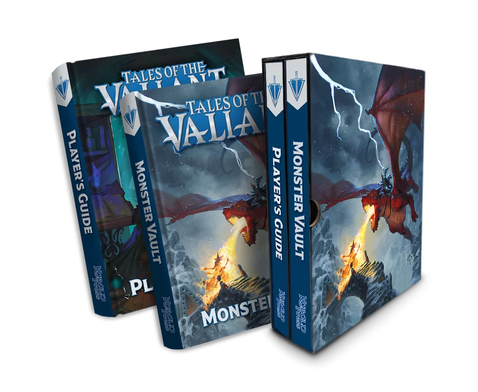 Three role-playing game books are stacked, showcasing "Tales of the Valiant: Player's Guide" and "Monster Vault." The covers, crafted by Kobold Press, depict a dragon with wings spread wide, soaring over a stormy sea—a testament to their successful Kickstarter campaign.