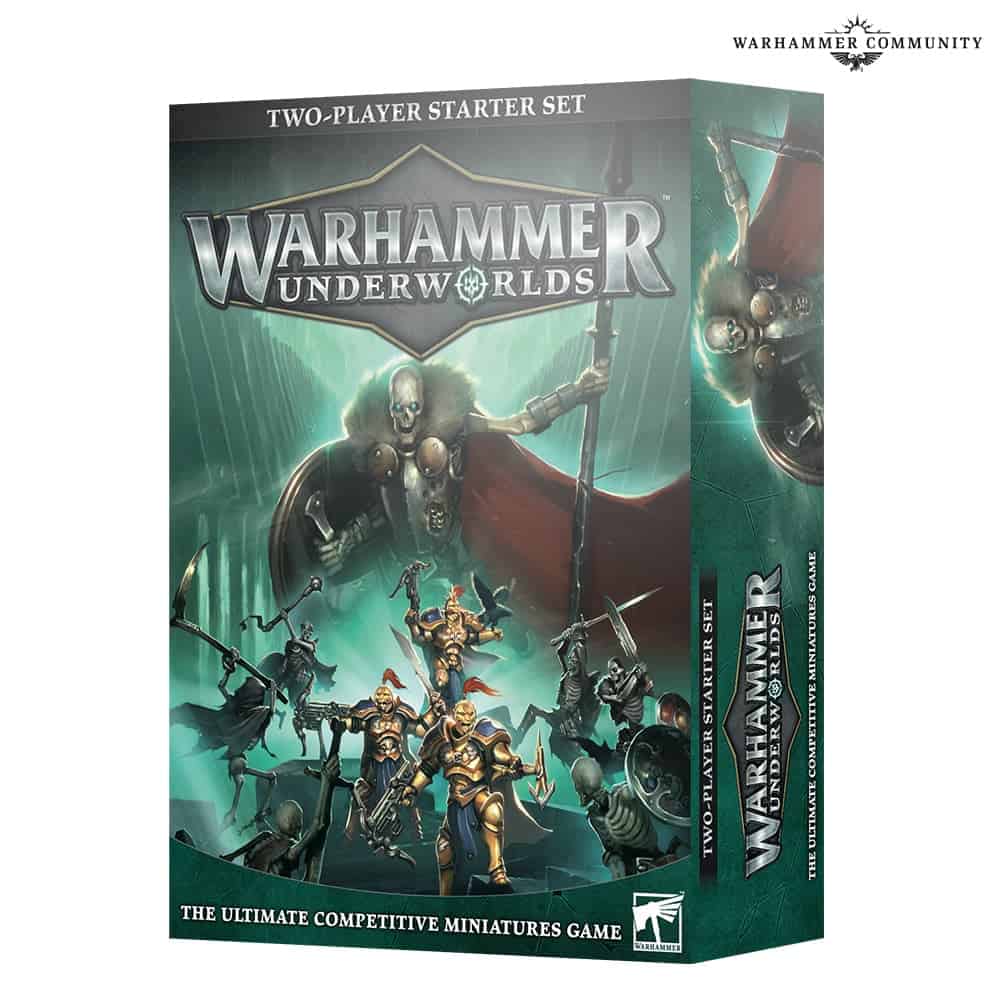 The image showcases a Warhammer Underworlds new starter set for aspiring players. The cover art features fantasy warriors in armor, wielding swords and axes against a green, misty backdrop. The text highlights it as a competitive miniatures game perfect for newcomers.