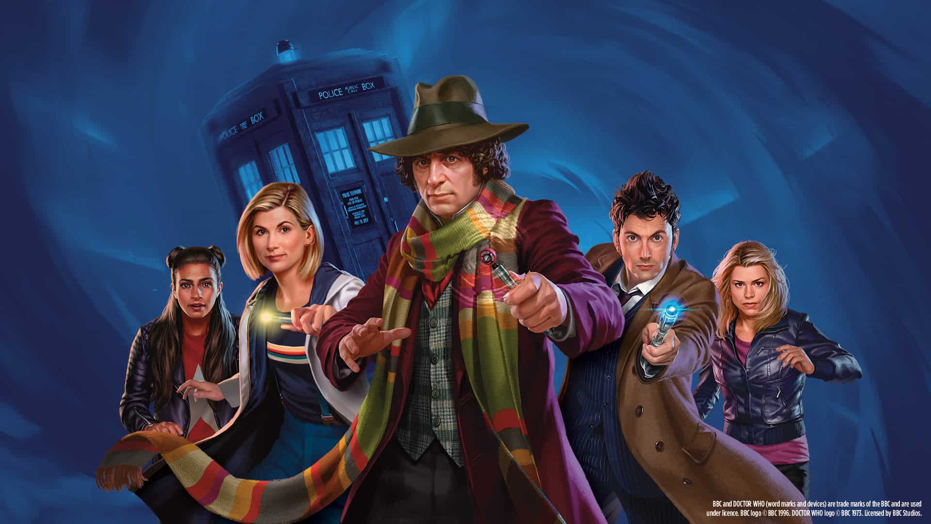 A group of people in a dynamic pose, dressed in distinctive, colorful clothing, stands before a blue police box. Set against a swirling blue and black background that suggests time-traveling adventures, each person appears to be holding or gesturing with an object.