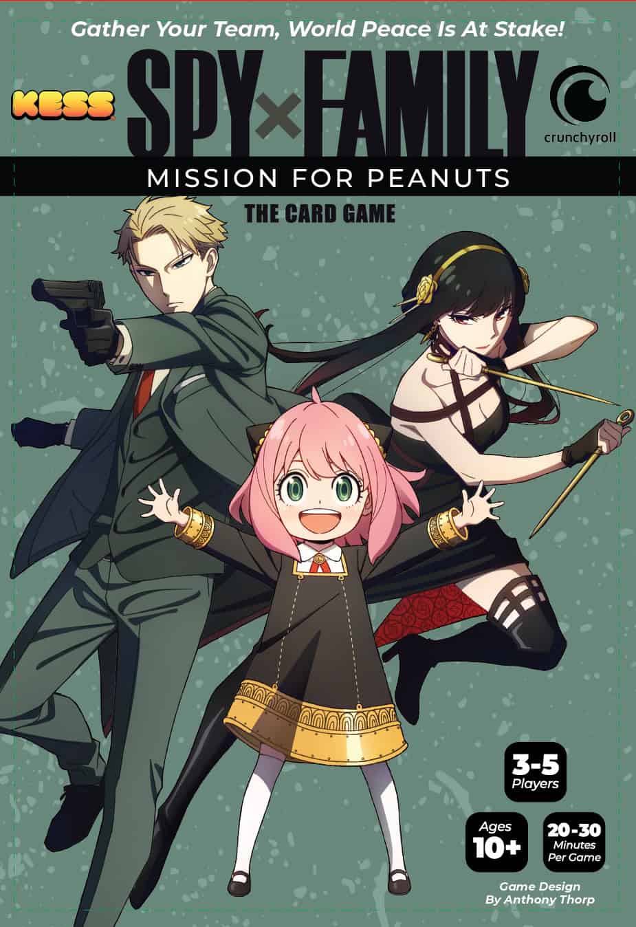 Illustrated cover for "Spy x Family: Mission for Peanuts" card game by KessCo, featuring three characters posing confidently. Suitable for 3-5 players, ages 10+, with a playtime of 20-30 minutes. Available on Crunchyroll.