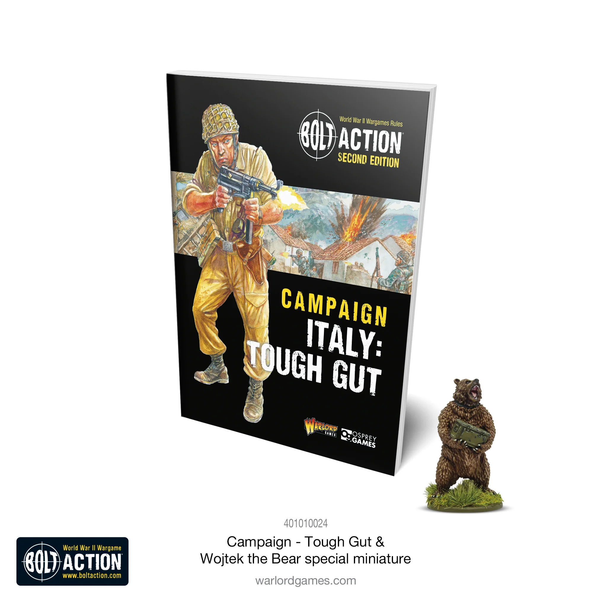 The image displays the campaign book "Campaign Italy: Tough Gut" from Bolt Action's second edition, featuring a charming Wojtek the Bear miniature beside it. At the bottom left, the Warlord Games logo and website complete this intriguing snapshot for strategy enthusiasts.