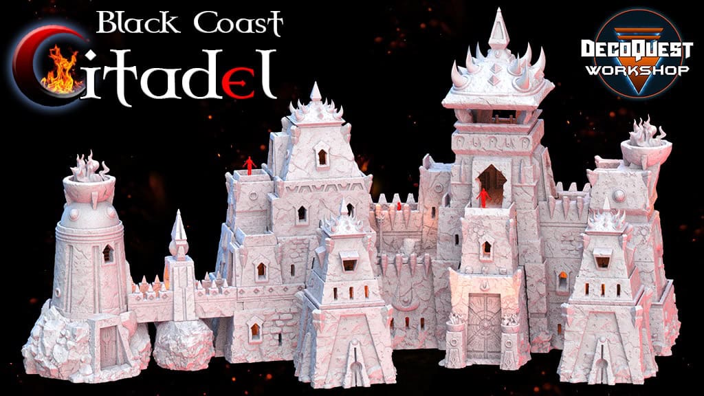 A detailed model of a stone citadel with multiple towers and battlements evokes the rugged terrain of medieval fantasy. The text "Black Coast Citadel" and "DecoQuest Workshop" appears in the corners, set against a dark background, perfect for igniting dreams on any Monday.