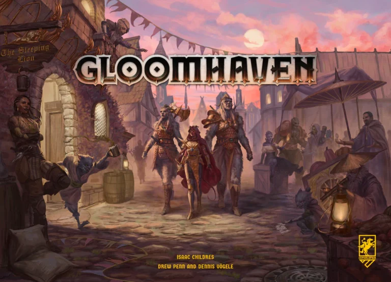 Illustration of adventurers wandering a medieval market street in the legendary board game "Gloomhaven." Clad in cloaks and armor, they mingle among stalls and buildings beneath a vibrant sunset sky, capturing the essence crafted by Cephalofair Games.