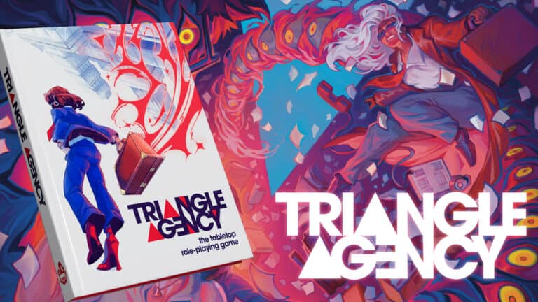 Cover art for "Triangle Agency," a tabletop role-playing game, showcasing a person in a suit with a briefcase amidst vibrant, abstract red designs. The bold text "TRIANGLE AGENCY" hints at the corporate horror intertwined with paranormal investigation.