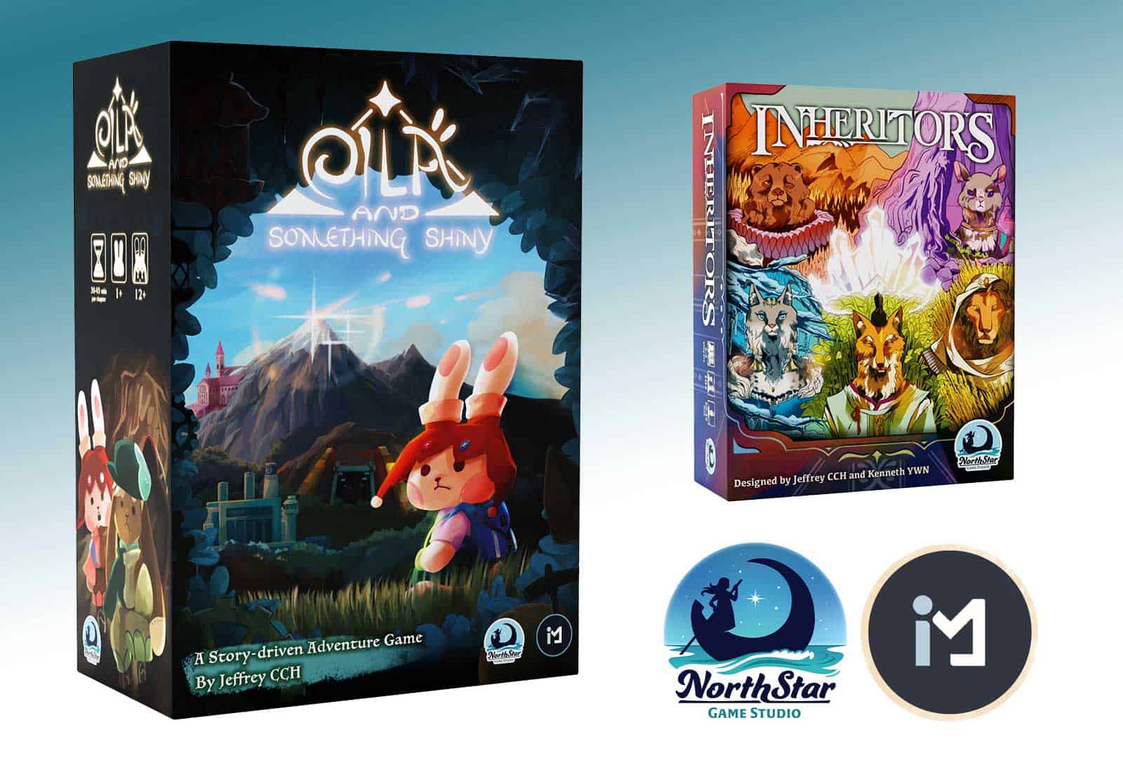 The image showcases two board game boxes: "Oli & Something Shiny," featuring a rabbit against mountain scenery, and "Inheritors," with fantasy characters and a dragon. Below the boxes are two logos: NorthStar Game Studio and ICE Makes, tied to the new games release lineup.