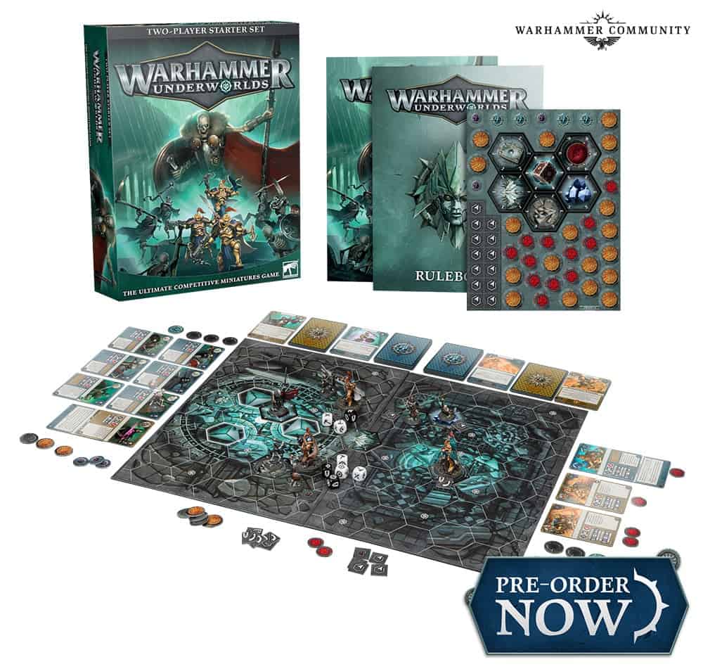 Warhammer Underworlds game set display by Games Workshop. Includes a board, Death Guard Heroes figurines, rulebooks, dice, tokens, and cards. Box artwork features warriors. Banner text at bottom right reads "Pre-order Now.