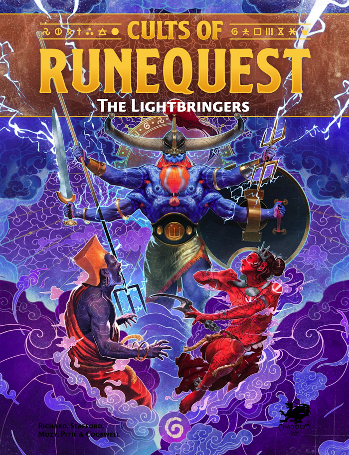 Fantasy book cover titled "Cults of RuneQuest: The Lightbringers" by Chaosium Inc. Features a mystical scene with an armored figure wielding a sword, a blue-skinned deity, and a red-clad character wielding weapons, all surrounded by surreal, swirling clouds and symbols.