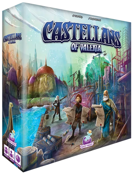 Cover art for "Castellans of Valeria" by Daily Magic Games, featured on Kickstarter, showcases a colorful fantasy cityscape. Three characters holding maps by the river enhance the mystical atmosphere with vibrant architecture.