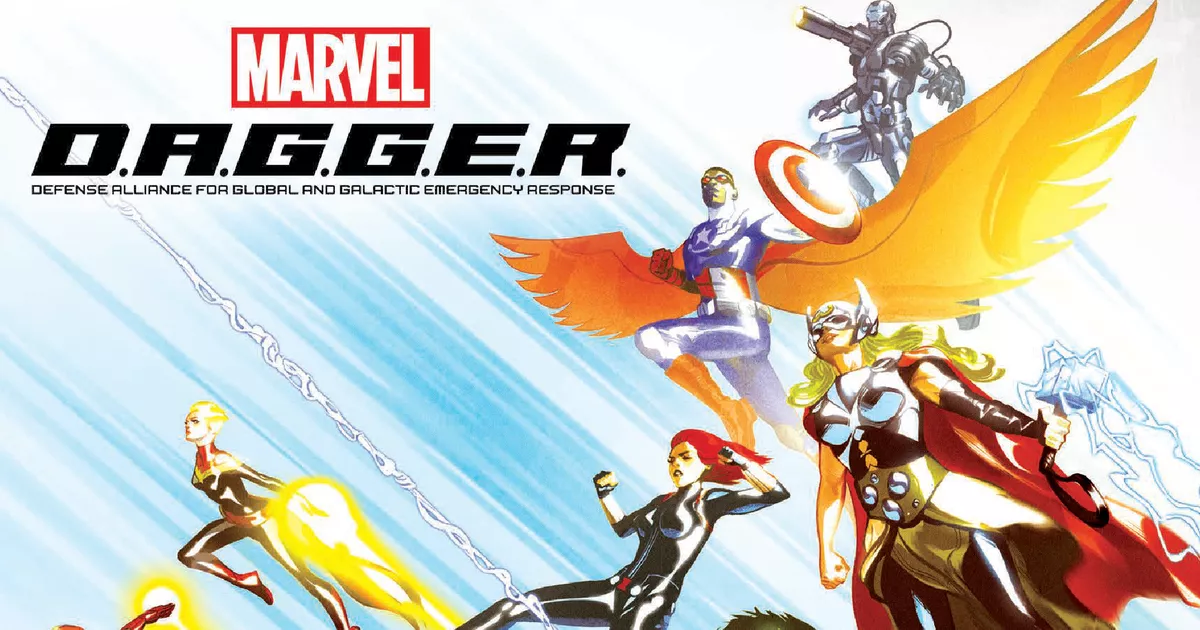 Illustration of Marvel D.A.G.G.E.R. superheroes in action poses, featuring characters in futuristic armor, with wings, and wielding weapons. They soar above text reading "D.A.G.G.E.R." set against a dynamic, streaked background reminiscent of Fantasy Flight Games aesthetics.