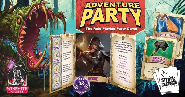 The Adventure Party game box, perfect for any Kickstarter enthusiast, showcases a fierce creature and rogue character card. It includes vibrant dice and cards, exuding a colorful and adventurous design with logos from Winsmith Games and Smirk & Dagger Games.