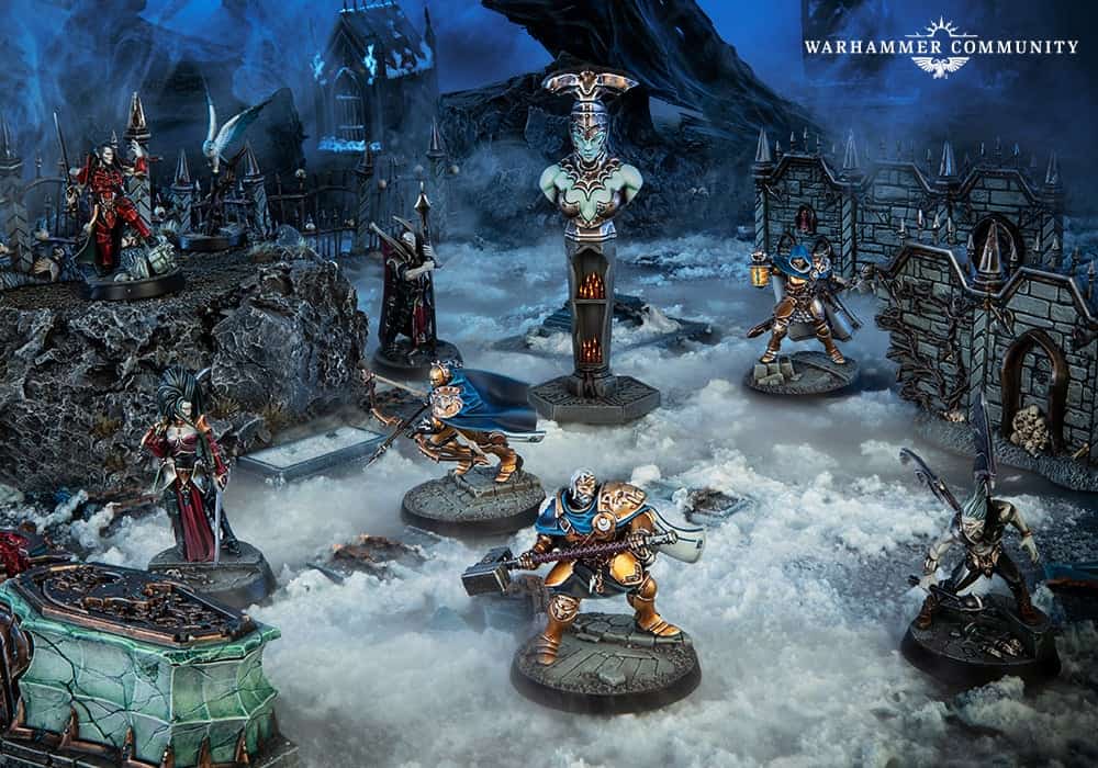 Miniature fantasy battle scene featuring armored warriors and mystical structures from the Warcry Starter Set. Figures in dynamic poses with detailed costumes fight amid eerie landscapes, set against a backdrop of ruins under a stormy sky, evoking the Crypt of Blood's atmosphere.