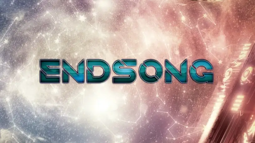 The image showcases "ENDSONG" in bold, teal letters against a cosmic background of stars and nebulae, echoing the Infinity Universe. Abstract patterns resemble constellations, hinting at the mysteries of the Infinity: Endsong Expansion.