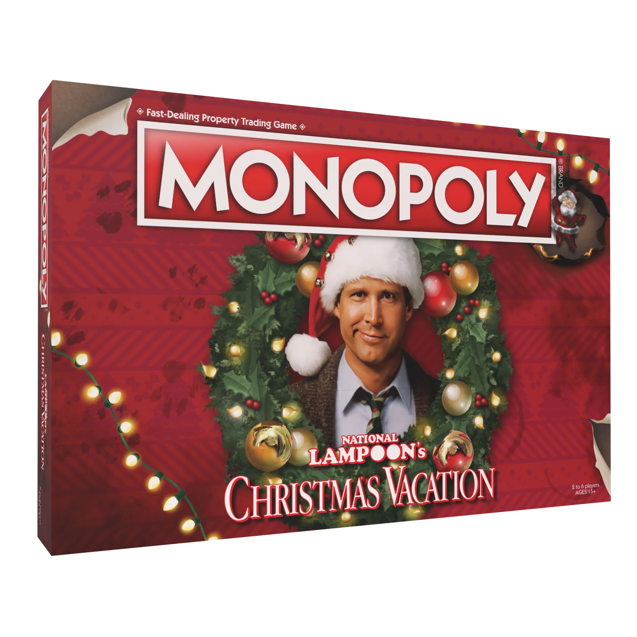 The MONOPOLY board game box, inspired by "National Lampoon's Christmas Vacation," features a festive red design with charming decorations and a character in a Santa hat nestled within a holiday wreath on the cover.
