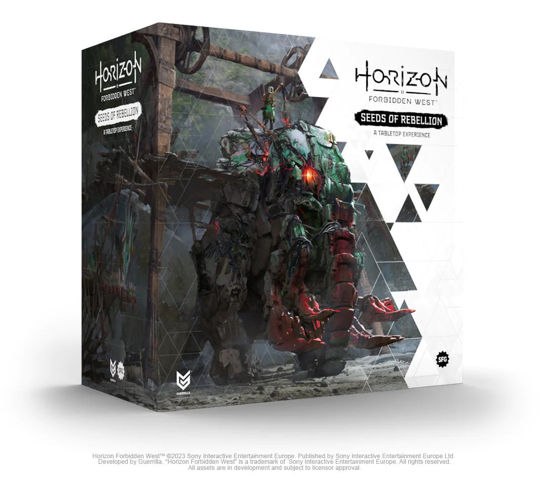 Box art for "Horizon Forbidden West: Seeds of Rebellion - Tabletop Experience" on Kickstarter features a mechanical creature amidst geometric patterns and rugged landscapes, delivering a futuristic, action-packed vibe.