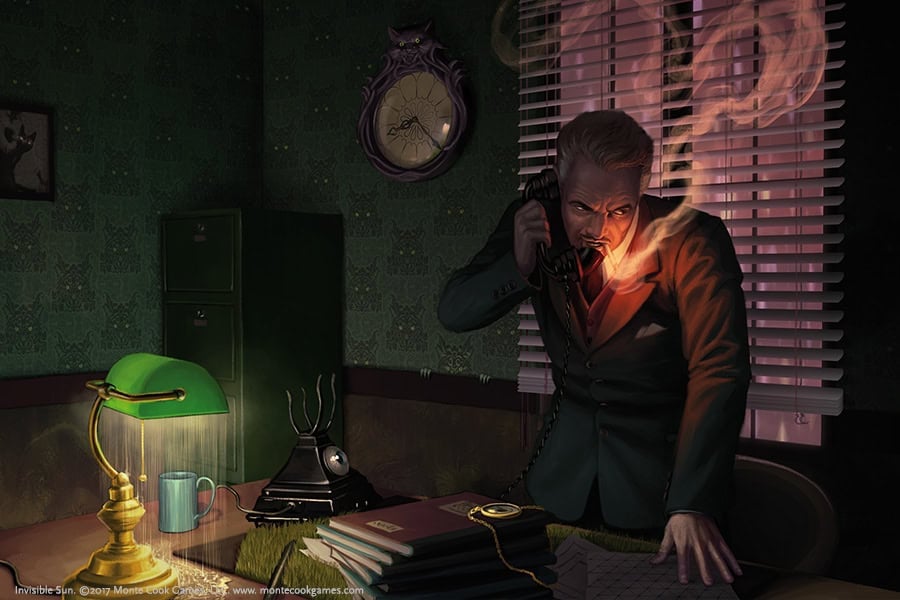 A man in a suit, his face glowing like an enigmatic character from a tabletop RPG, speaks urgently on a vintage phone in his dimly lit office. Smoke rises from his tie as if conjured by invisible sun magic. The room features a green desk lamp, striped blinds, papers, and a clock on the wall.