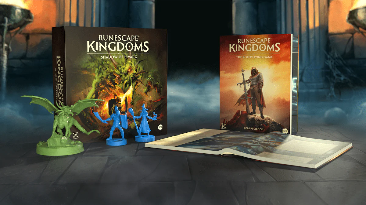 A captivating display showcases the "RuneScape Kingdoms" Shadow of Elvarg board game with vibrant cover art, two blue character miniatures, and a green dragon miniature. The companion RPG book lies open on a stone surface, inviting all adventurers into its immersive world.
