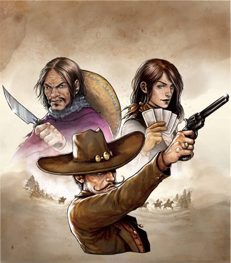 Three stylized figures are depicted: one with a knife, one holding cards, and one in a cowboy hat aiming a revolver. The background features a desert scene with horses and riders silhouetted in the distance—a thrilling preview of DV Games’ upcoming board game release in April 2024.