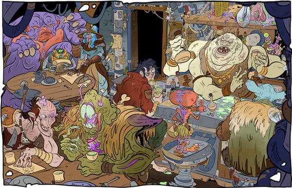 A colorful illustration of a lively fantasy tavern scene from the Weird World, filled with whimsical and mythical creatures. They are seated around tables, enjoying drinks and engaging in animated conversation like a page out of a TTRPG. The setting is vibrant and chaotic.