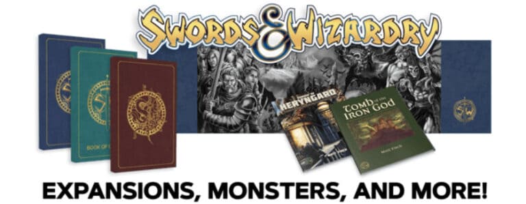 Image showcasing the "Swords & Wizardry" game collection by Mythmere Games. It features books like "Book of Forbidden Lore" and "Henggard History & Adventure," alongside Kickstarter exclusives. Text below reads: "EXPANSIONS, MONSTERS, AND MORE!