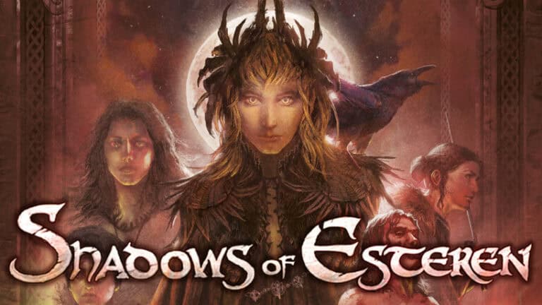 Fantasy artwork for "Shadows of Esteren" highlights a central figure adorned with a feathered crown and cloak, exuding a mysterious, ethereal aura. Other shadowy characters linger in the background. The "Dearg Campaign" title stands prominently below, symbolizing its Kickstarter Goal ambitions.