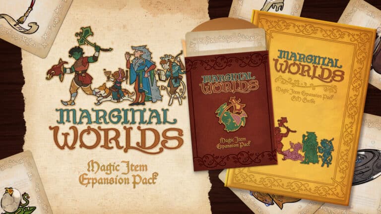 Cover of the "Marginal Worlds: Magic Item Expansion Pack" with colorful illustrations of characters and books. The image showcases two ornately covered books, reminiscent of Medieval Magic, alongside a map on a wooden surface—an enchanting glimpse into this Kickstarter treasure.