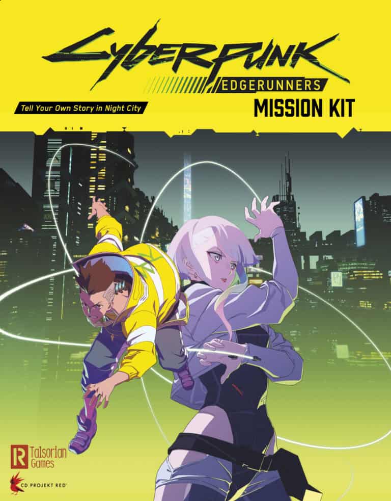 The cover of the "Cyberpunk Edgerunners Mission Kit" showcases two animated characters striking dynamic poses against a futuristic city skyline. The bold title crowns the scene, with Talsorian Games and CD Projekt Red logos elegantly positioned at the bottom.