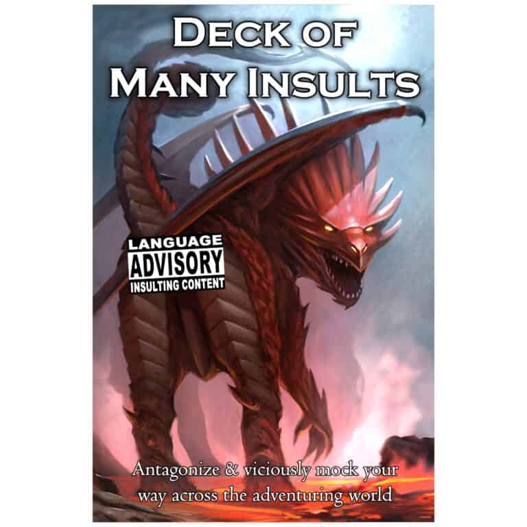 Introducing "Deck of Many Insults," a fantasy card game cover featuring a dragon with glowing eyes and sharp teeth. Created by Loke BattleMats, it includes a language advisory for insulting content and encourages players to mock their way through adventures.