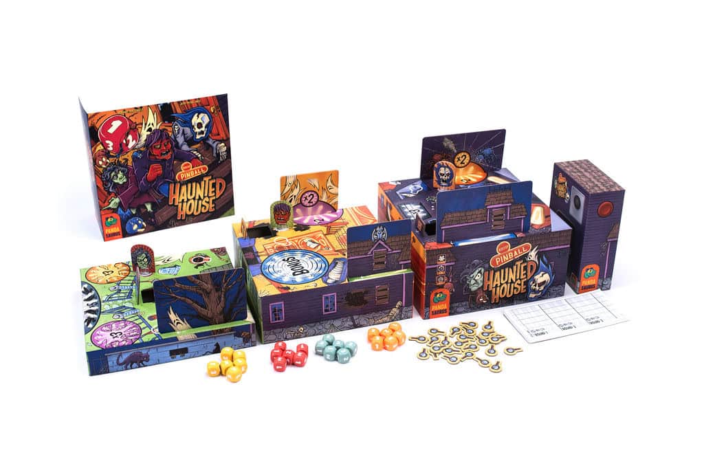Introducing "Haunted House," a vibrant board game set with cartoonish illustrations and a spooky theme. Released by Pandasaurus Games this October, it includes dice, tokens, various cards, instructions, and a pop-up haunted house structure with bold graphics and vivid colors.